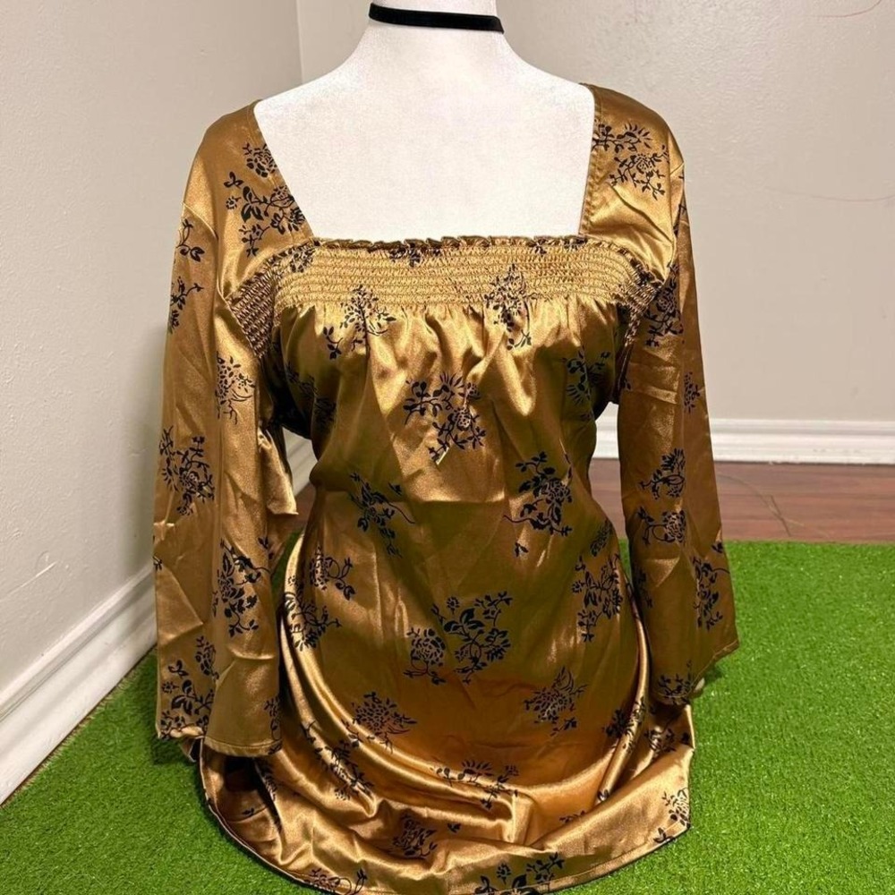 Vintage Y2K Ashley Judd Satin Tie Back Square Neck‎ Top Gold Floral Size LG
